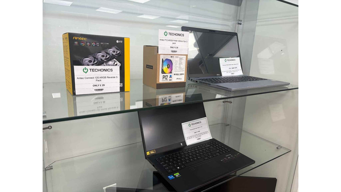 Laptops in a display cabinet