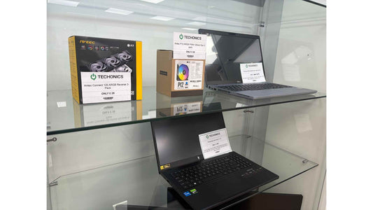 Laptops in a display cabinet